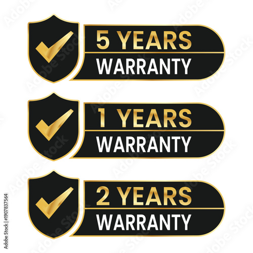 Premium Warranty Badges Set: 1, 2, 5 Years Gold & Black Vector