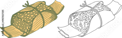 Vintage etching illustration of Indonesian traditional fermented soybean cake Tempeh wrapped in banana leaf.elements for culinary and organic food design.