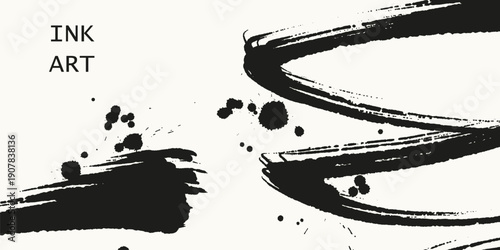 Minimal vector banner with flowing ink brush stroke, inspired by sumi-e calligraphy, zen aesthetics and traditional Asian art.