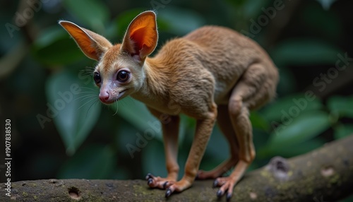 Small Auburn Marsupial With Large Ears Standing On A Tree Branch With Green Foliage Background In Natural Lighting
