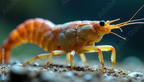 Vibrant Orange Freshwater Shrimp Close Up Macro Shot Aquarium Environment Detailed Body Texture Delicate Antennae on