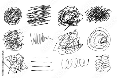 Collection of hand drawn scribble smears. Set of messy ink brush strokes and tangled lines. Abstract chaotic pencil sketches and doodles. Vector design elements.