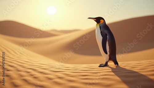 A solitary penguin stands on a sand dune under a bright sun casting long shadows across the desert landscape creating a