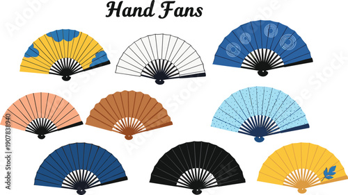 Hand Fan Vector Illustration Set with Traditional Folding Fans in Various Colors and Patterns for Summer Accessories Cultural Designs and Decorative Graphics