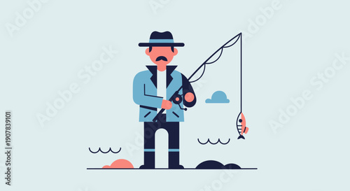 Illustration of a man fishing on a serene lake shore with a hooked fish
