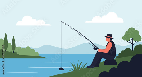 Man Fishing Serenely by the Lake Shore on a Peaceful Afternoon with Hills in the Background