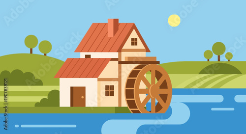 Serene mill house beside calm river with lush green landscape and water wheel in operation under clear sky