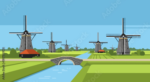 A picturesque Dutch landscape featuring multiple traditional windmills lining a serene canal with a charming stone bridge.