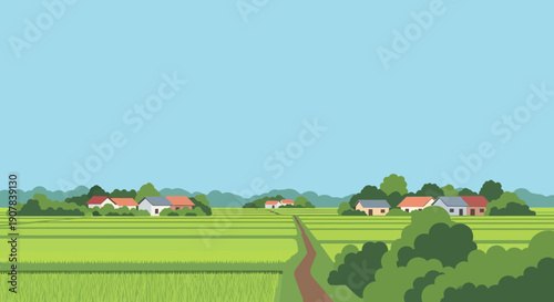 Illustrative rural landscape featuring vibrant green fields, small village houses nestled among trees, and a winding dirt path under a clear blue sky.