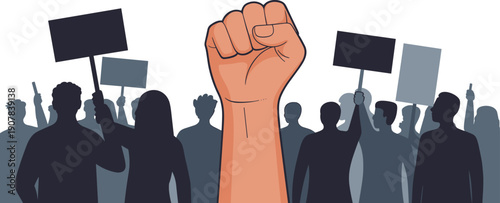 Raised Fist Protest Illustration with Demonstration Crowd and Blank Placards, Social Justice Activism Concept Vector Isolated on White Background Design Art