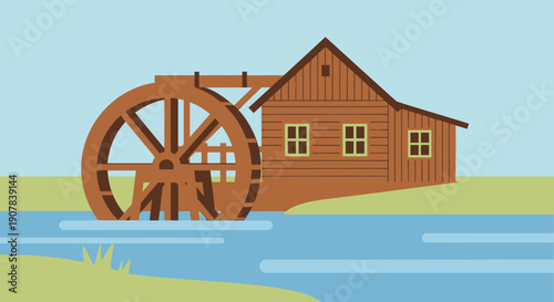 A traditional wooden watermill building with a large turning wheel in a flowing river under a clear blue sky.