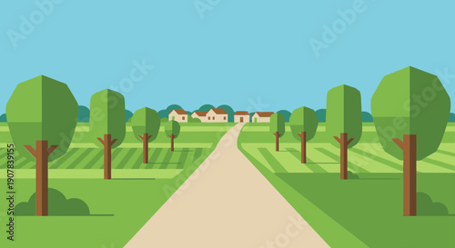 A flat design illustration of a winding road leading through green fields lined with trees towards a distant village under a clear blue sky.