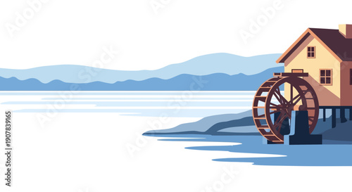 A traditional wooden watermill house with a large wheel by a calm lake, set against distant blue mountains.