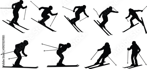 Skiing,silhouette,skier,action,poses,winter,sport,athlete,motion,ski,downhill,freestyle,training,vector,illustration,isolated,black,figure,collection,design