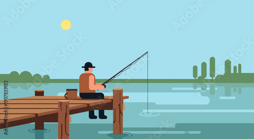 A man sits on a wooden pier, patiently fishing in a tranquil lake under a clear sky with the sun shining.
