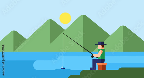 An illustrated man fishing calmly by a lake with green mountains and a bright sun in the background.