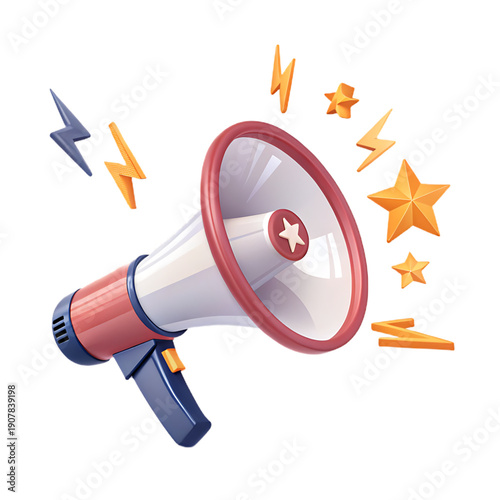 A colorful illustration of a megaphone with stars and lightning bolts surrounding it