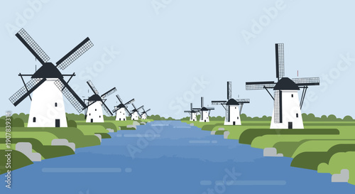 A serene landscape featuring traditional Dutch windmills lining a tranquil blue canal under a clear sky.