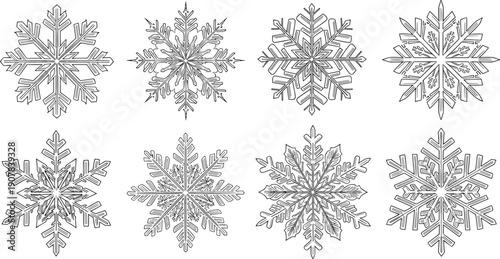 snowflake ornament collection winter christmas ice frost crystal lineart illustration vector design decorative symmetry seasonal