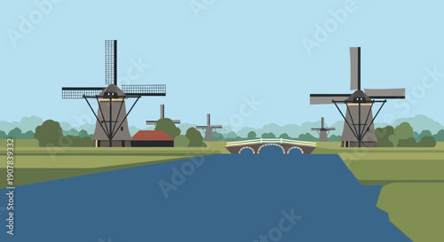 An illustration of traditional Dutch windmills standing beside a tranquil canal with a small bridge.