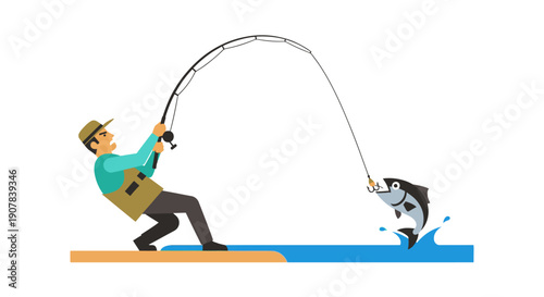 A cartoon illustration depicts a fisherman successfully reeling in a fish that leaps from the water.