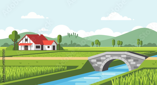 A picturesque rural landscape illustration featuring a charming farmhouse, lush green fields, a flowing river with a stone bridge, and distant rolling hills under a clear sky.
