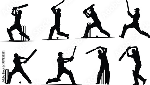 cricket,batting,silhouettes,batsman,action,shots,poses,sports,player,athlete,game,match,competition,black,vector,illustration,training,stadium,play,motion