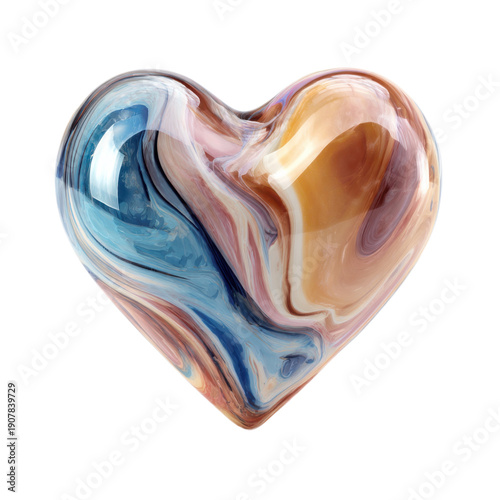 Glossy glass heart sculpture, blue and amber swirled abstract love symbol, romantic 3D illustration for design projects isolated on Transparent Background