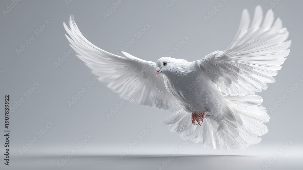 Obraz premium A pure white dove is captured in a dynamic, descending pose with its wings fully spread and its tail feathers fanned out.