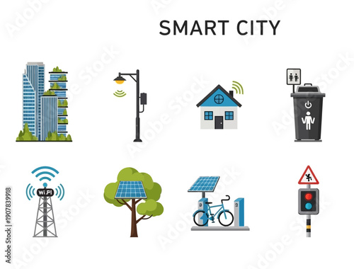 Eight icons illustrating smart city concepts in a tworow grid