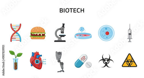 Icons representing various fields of biotechnology displayed below the word BIOTECH