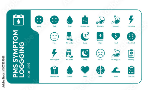PMS Symptom Logging Mood-Tracking Cramps Bloating Headache Symptom-Diary PMS-Tracking Symptom-Log Vector Icon Set - PMS Tracking