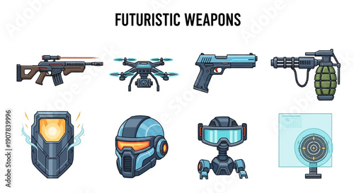 Illustration of eight futuristic weapons and gear displayed in two rows