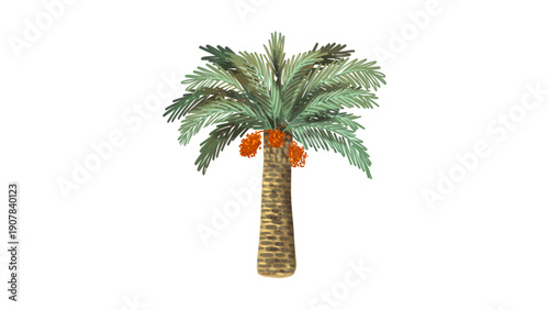 Date Palm Tree with Ripened Fruits Isolated on White