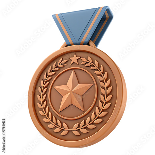 A bronze medal with a star and laurel wreath design on a blue ribbon