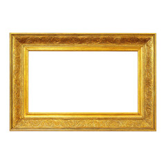 Vintage ornate gold picture frame png, empty rectangular photo border with floral carved texture, isolated on white for mockup