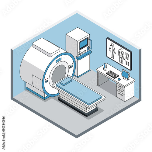 Medical Imaging Room with MRI Machine and Diagnostic Equipment.