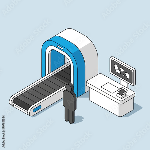 Person passing through airport security scanner with luggage.