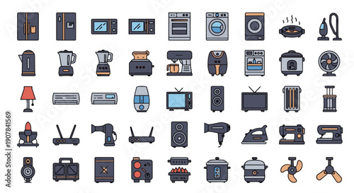 Modern home appliances icon set – flat color household electronics vector collection