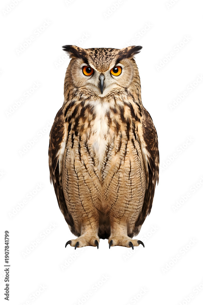 Obraz premium Great horned owl portrait with detailed feathers and piercing eyes isolated on transparent background
