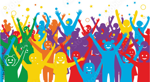Celebratory Crowd with Colorful Characters and Emotions