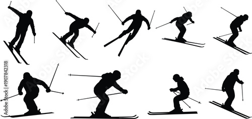 Ski,silhouette,winter,athlete,action,poses,sport,motion,downhill,freestyle,skier,snow,training,competition,vector,illustration,isolated,black,collection,design