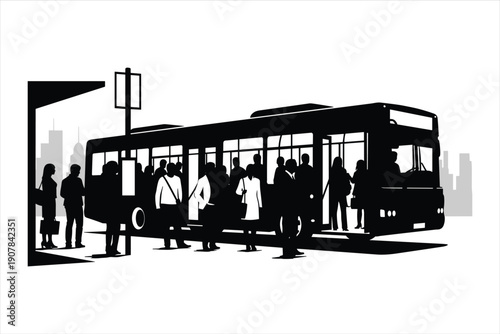 Modern Bus with Passengers at Bus Stop silhouette