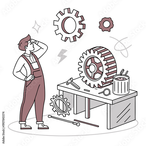 Illustration of a failed inventor proudly showing bent metal parts, symbolizing the imperfections and struggles in innovation.