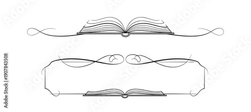 Open book illustration with decorative lines and blank space for text