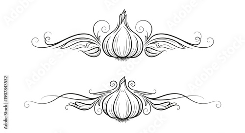 Garlic illustration with ornate design elements in monochrome style