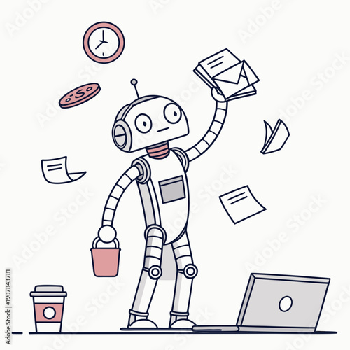 Clear Vector Illustration of a Failed Robot Assistant Badly Juggling Multiple Tasks, Depicting Work Overload and Inefficiency