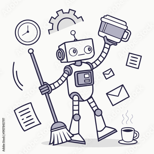Flat Vector Illustration of a Failed Robot Assistant Randomly Mixing Tasks, Depicting Disorganization and System Error