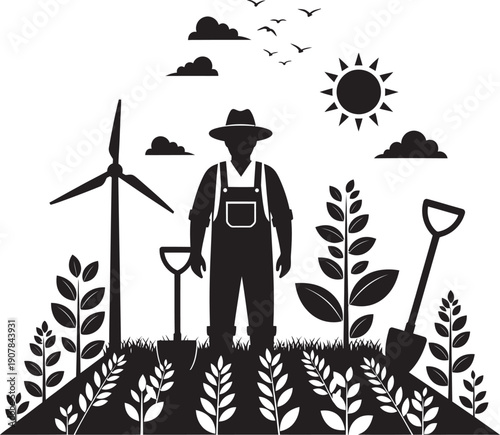 Vector illustration of sustainable agriculture featuring eco-friendly farming practices, green fields, and renewable energy for a better environment.