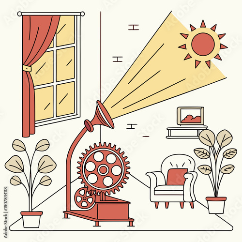 Whimsical Vector Illustration of a Failed Weather Forecast Machine Malfunctioning and Unexpectedly Producing Brilliant Sunshine Indoors, Creating a Surreal Scene.